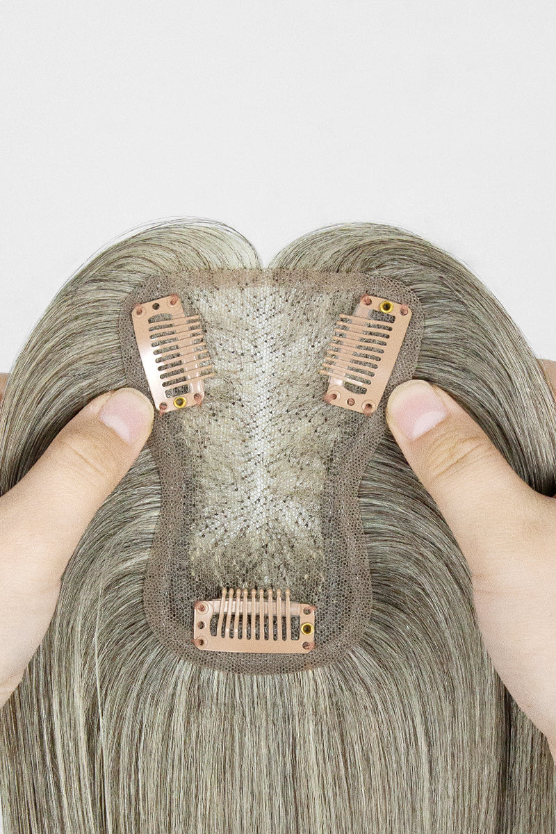 Aria-B Handmade Human Hair Topper with Bangs Light Brown Grey #LBG1B70