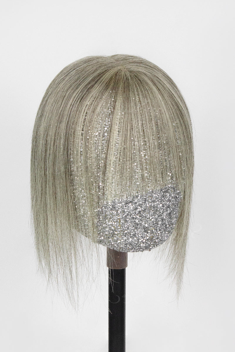 Aria-B Handmade Human Hair Topper with Bangs Light Brown Grey #LBG1B70