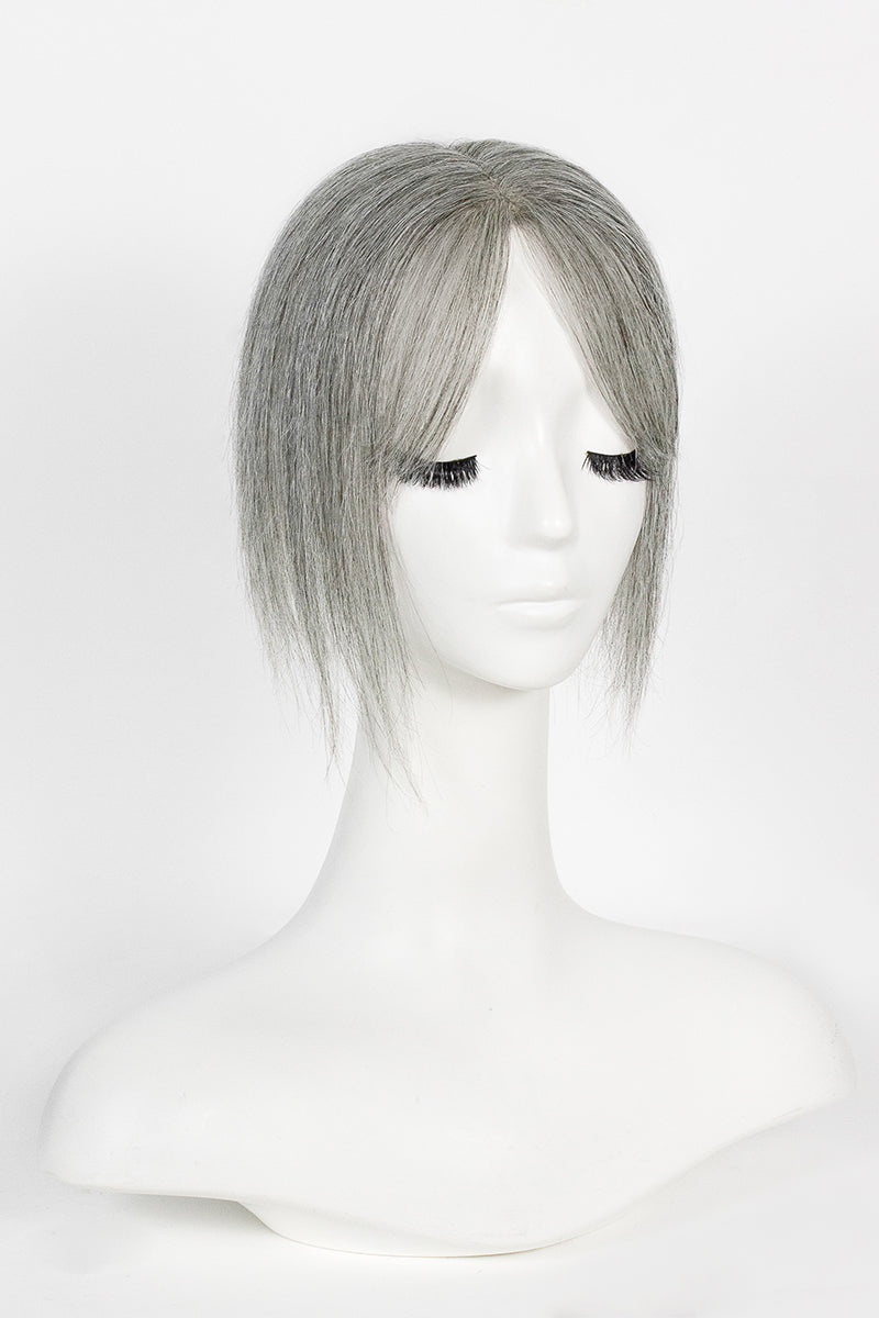 Aria-B Handmade Human Hair Topper with Bangs Medium Grey #1B70