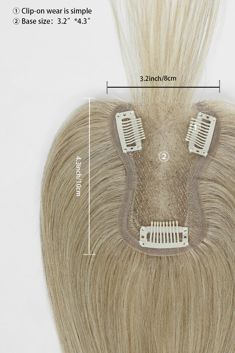 Complément capillaire en cheveux humains fait main Aria-B avec frange, ombré de racines châtain moyen à blond #T4/M616