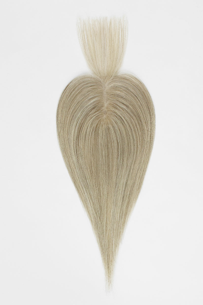 Complément capillaire en cheveux humains fait main Aria-B avec frange, ombré de racines châtain moyen à blond #T4/M616
