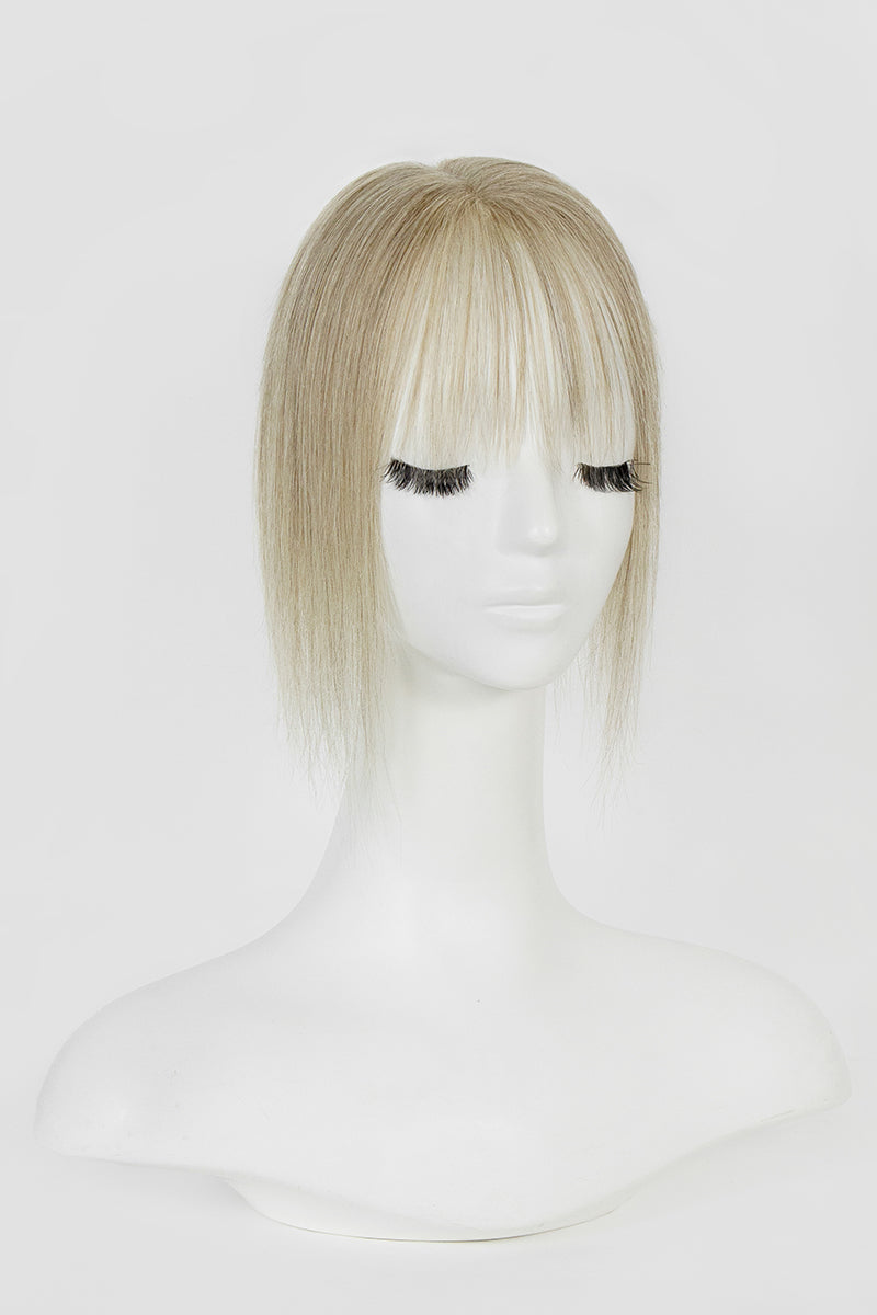 Complément capillaire en cheveux humains fait main Aria-B avec frange, ombré de racines châtain moyen à blond #T4/M616