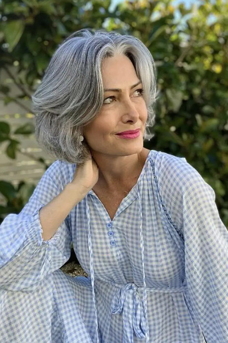 Aria Human Hair Topper Light Brown Grey #LBG1B70