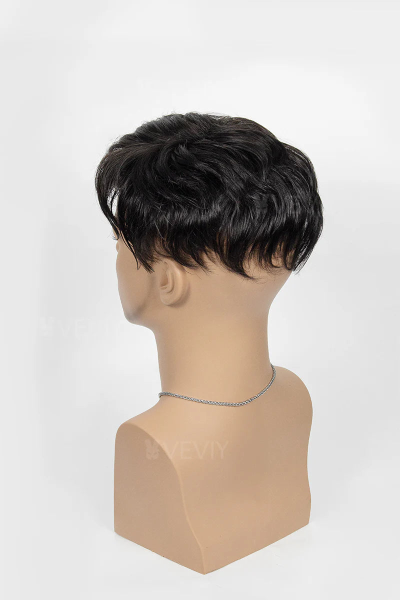 Mannequin head with a black wig on a white background