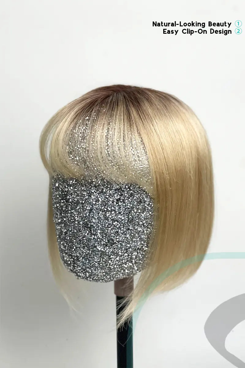 Mona-B Handmade Human Hair Topper with Bangs Light Blonde with Highlights #T4/16/613