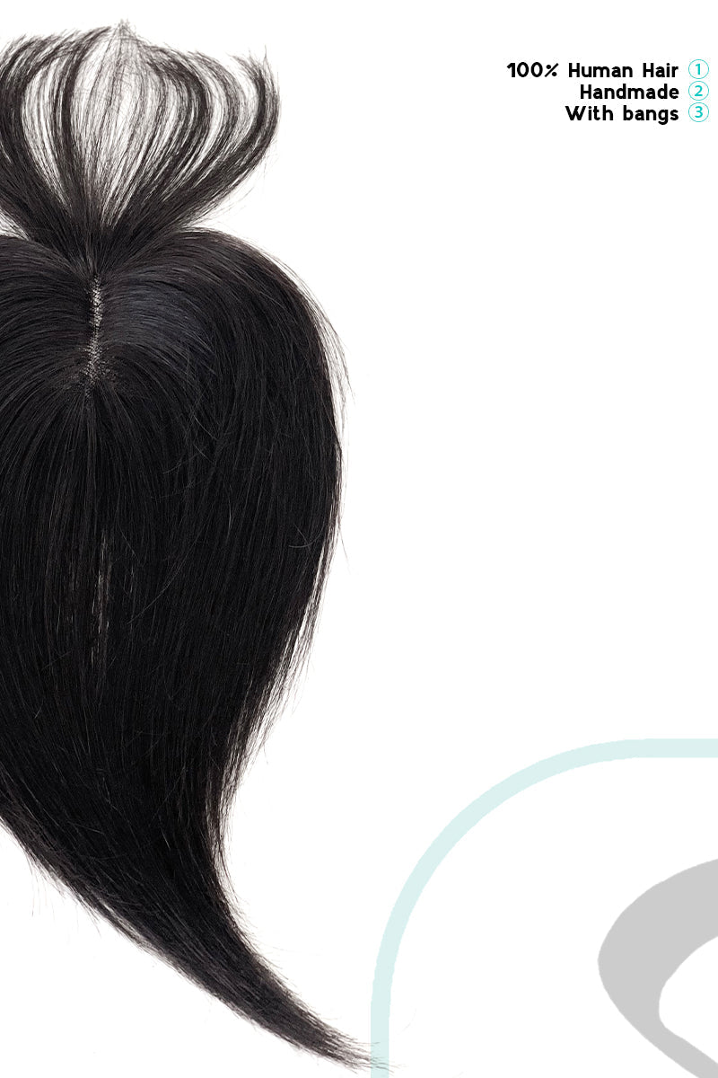 Mona-B Handmade Human Hair Topper with Bangs Natural Black #1B