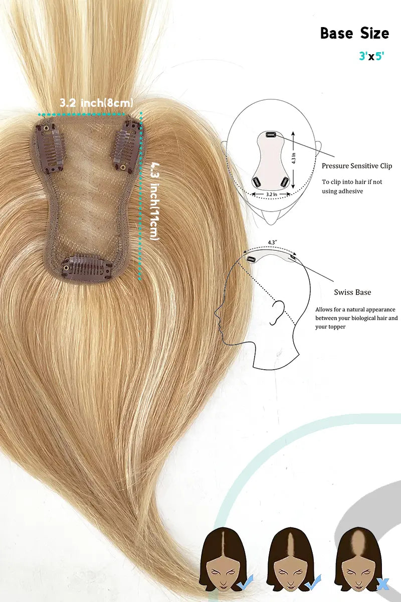 Mona-B Handmade Human Hair Topper with Bangs Warm Blonde with Highlights #P27/613