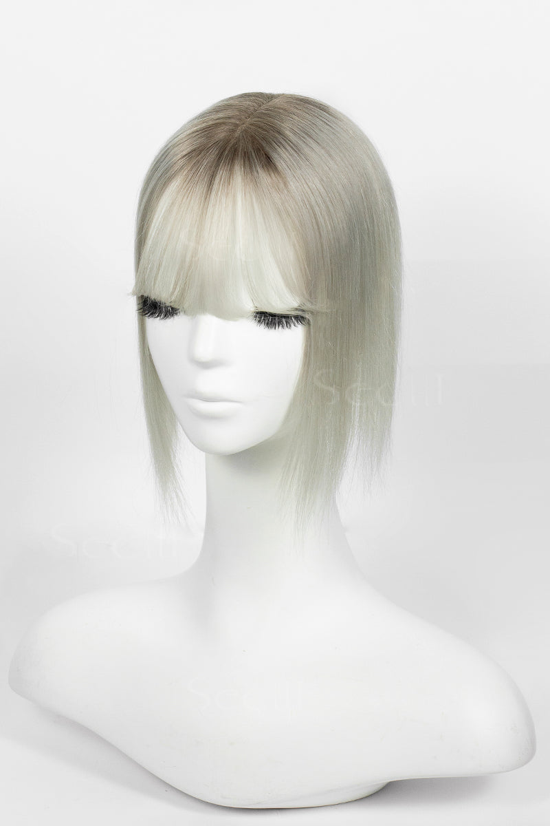 Mona-B Handmade Human Hair Topper with Bangs Silver Grey with Dark Brown Root #T2/Silver Grey