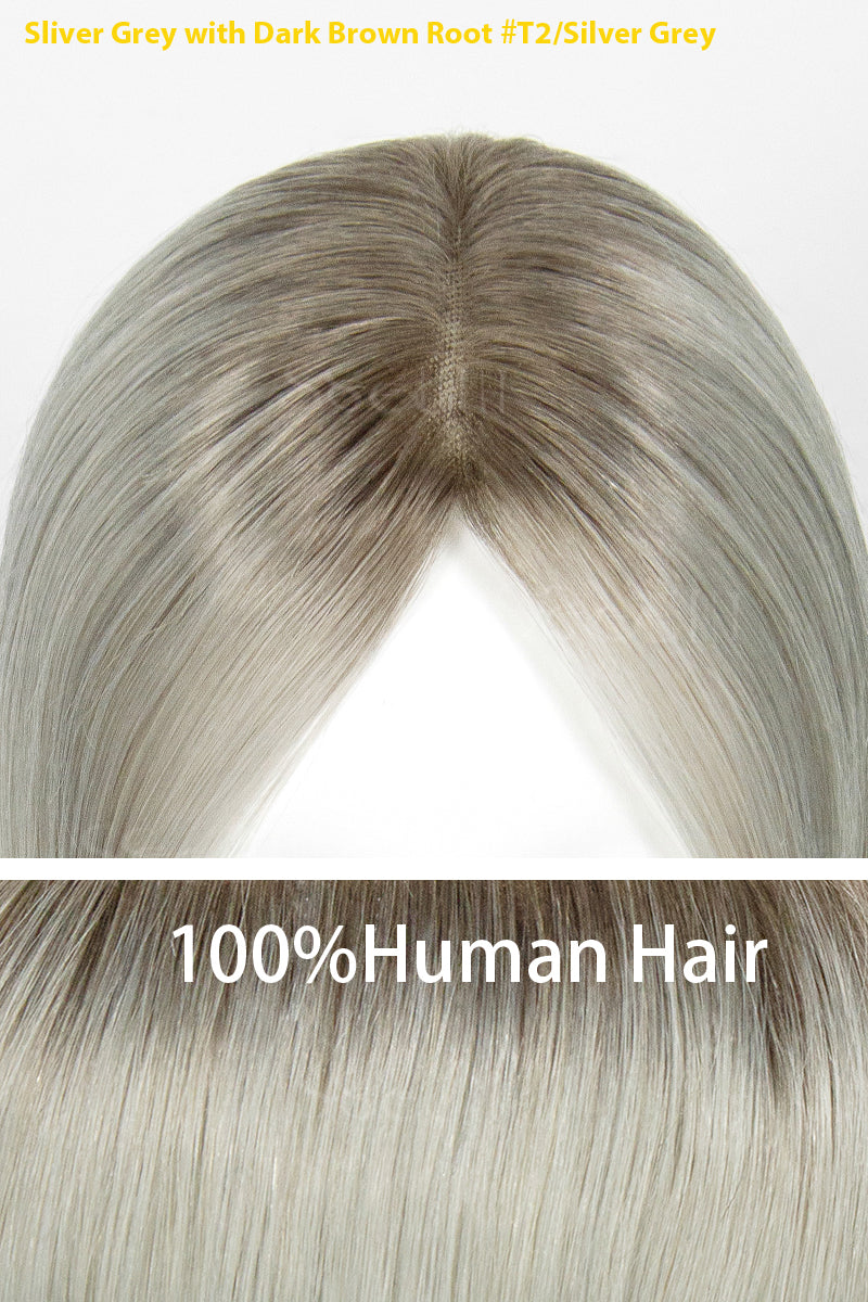 Mona-B Handmade Human Hair Topper with Bangs Silver Grey with Dark Brown Root #T2/Silver Grey