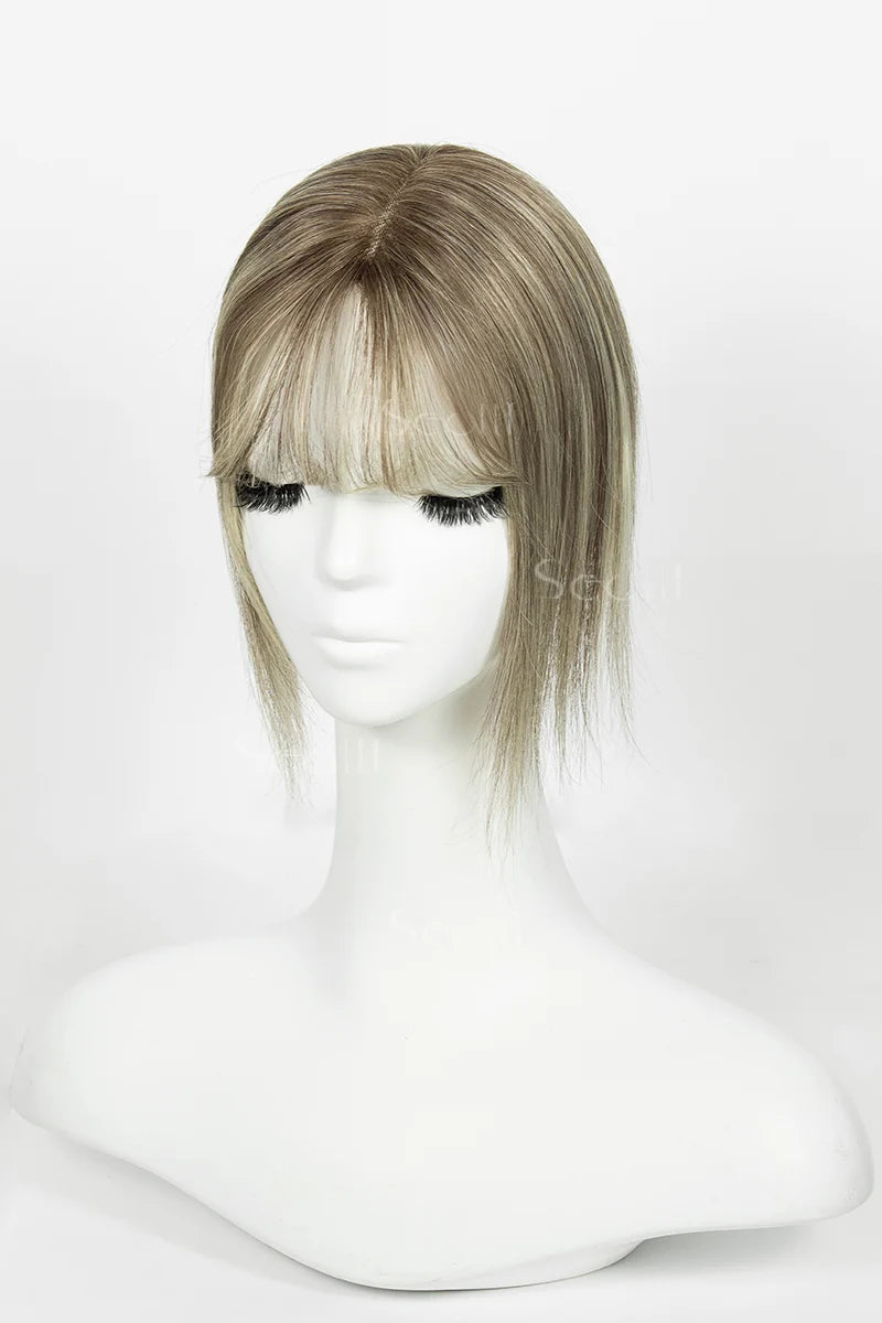 Mona-B Handmade Human Hair Topper with Bangs Brown Blonde with Medium Brown Root #T4/6/613