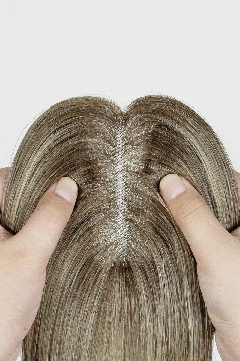 Aria-B Handmade Human Hair Topper with Bangs Brown Blonde with Medium Brown Root #T4/6/613