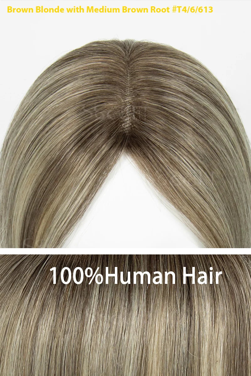 Aria-B Handmade Human Hair Topper with Bangs Brown Blonde with Medium Brown Root #T4/6/613