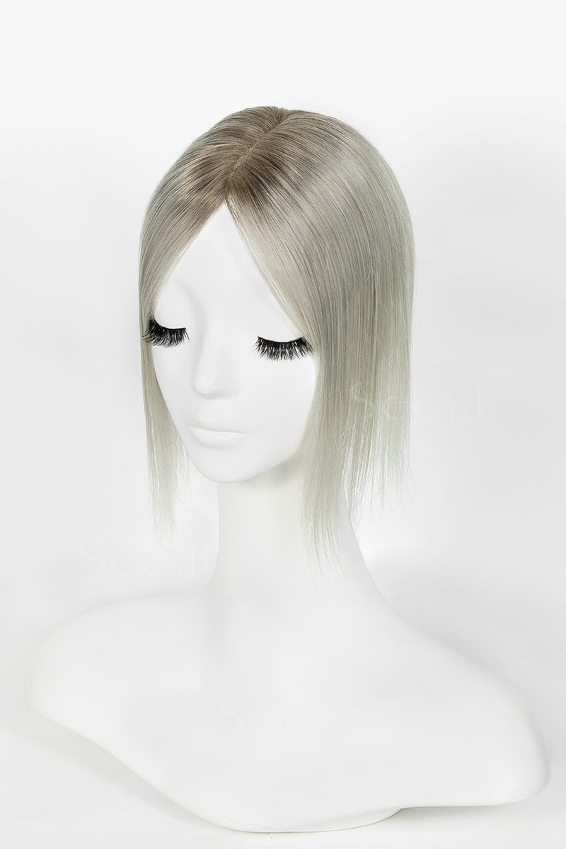 Mona Human Hair Topper Sliver Grey with Dark Brown Root #T2/Silver Grey