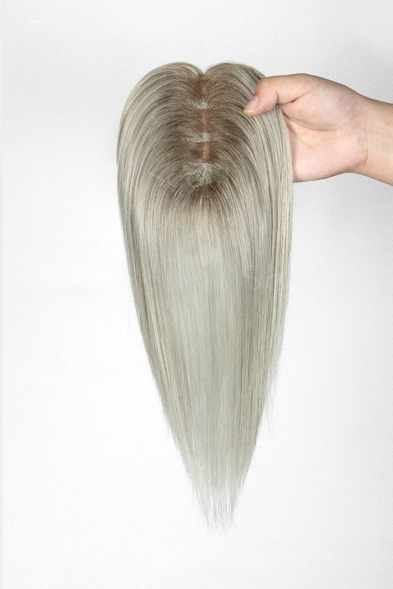 Mona Human Hair Topper Sliver Grey with Dark Brown Root #T2/Silver Grey