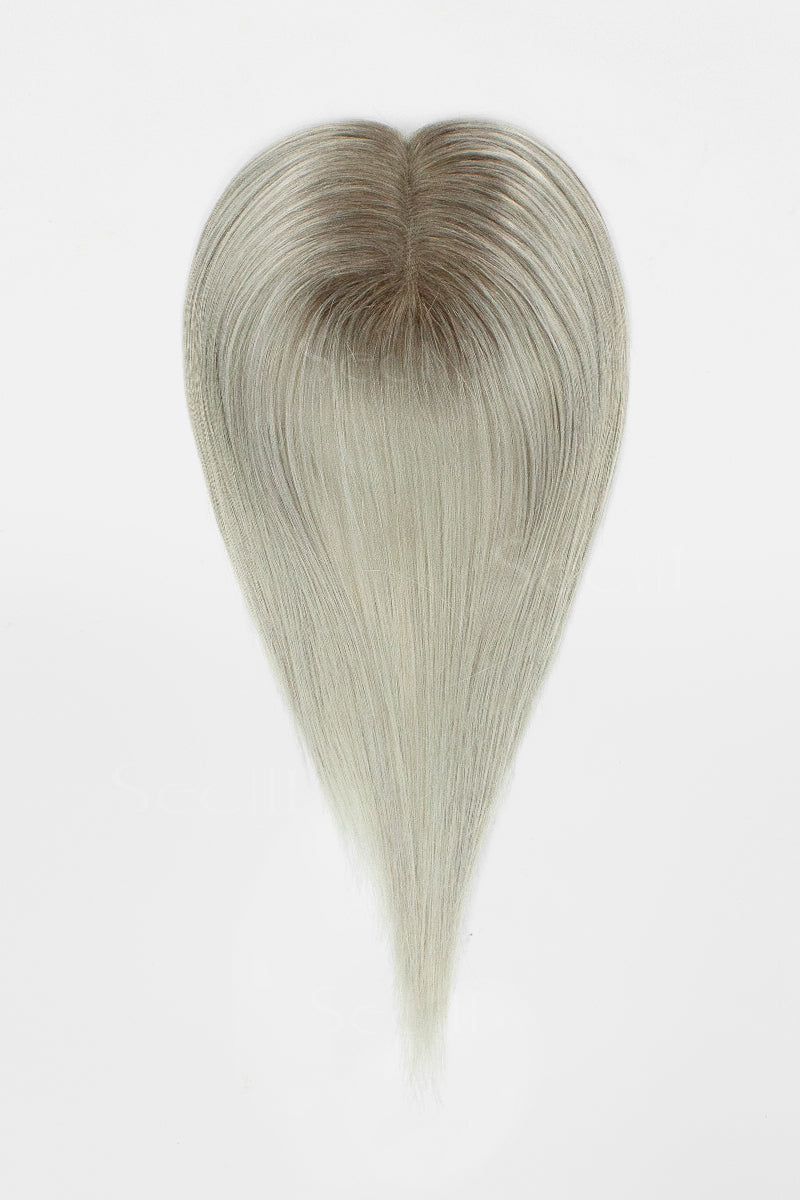 Mona Human Hair Topper Sliver Grey with Dark Brown Root #T2/Silver Grey