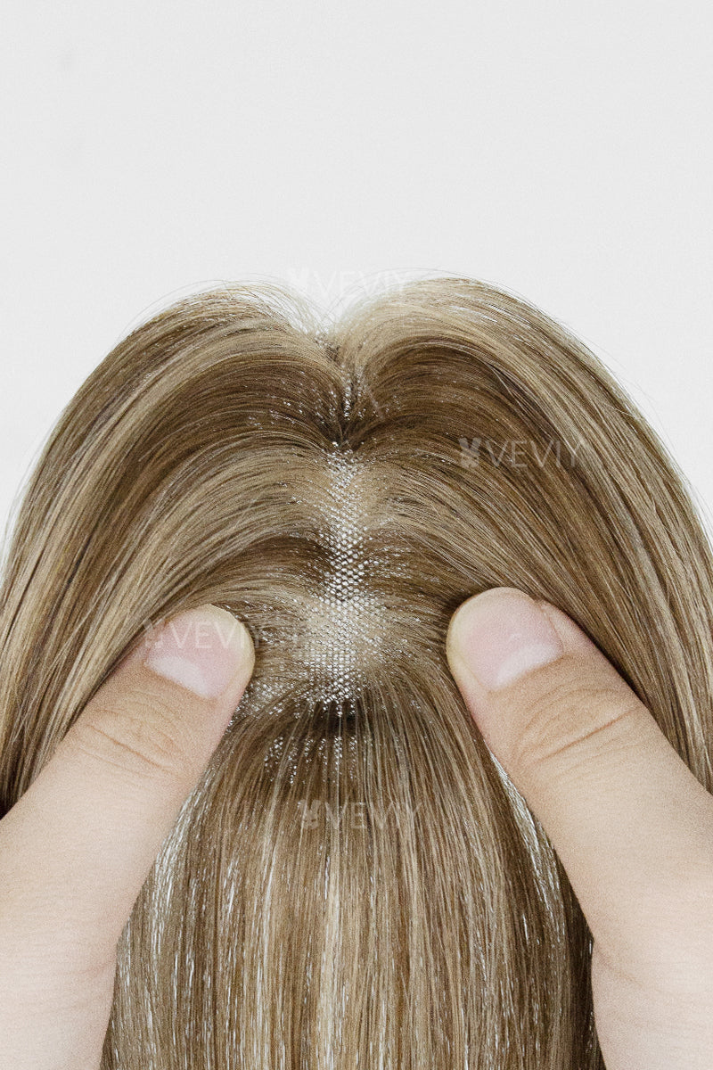 Vera Thin Breathable Lace Human Hair Topper Medium Brown with Warm Highlights #P4/27