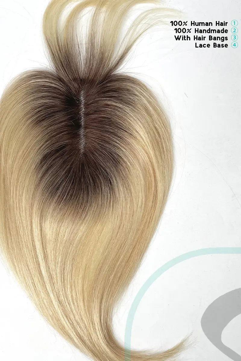 Mona-B Handmade Human Hair Topper with Bangs Light Blonde with Highlights #T4/16/613