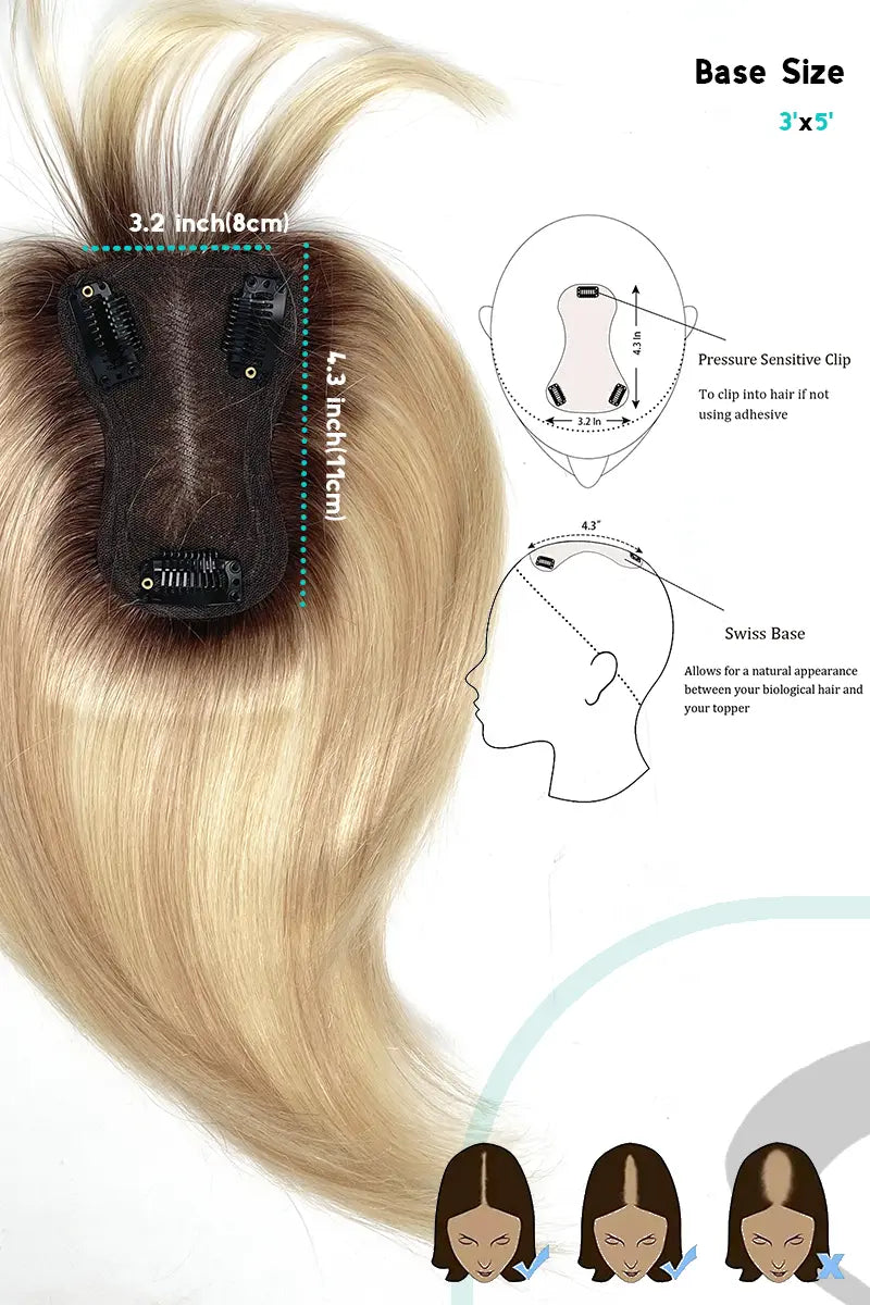 Mona-B Handmade Human Hair Topper with Bangs Light Blonde with Highlights #T4/16/613