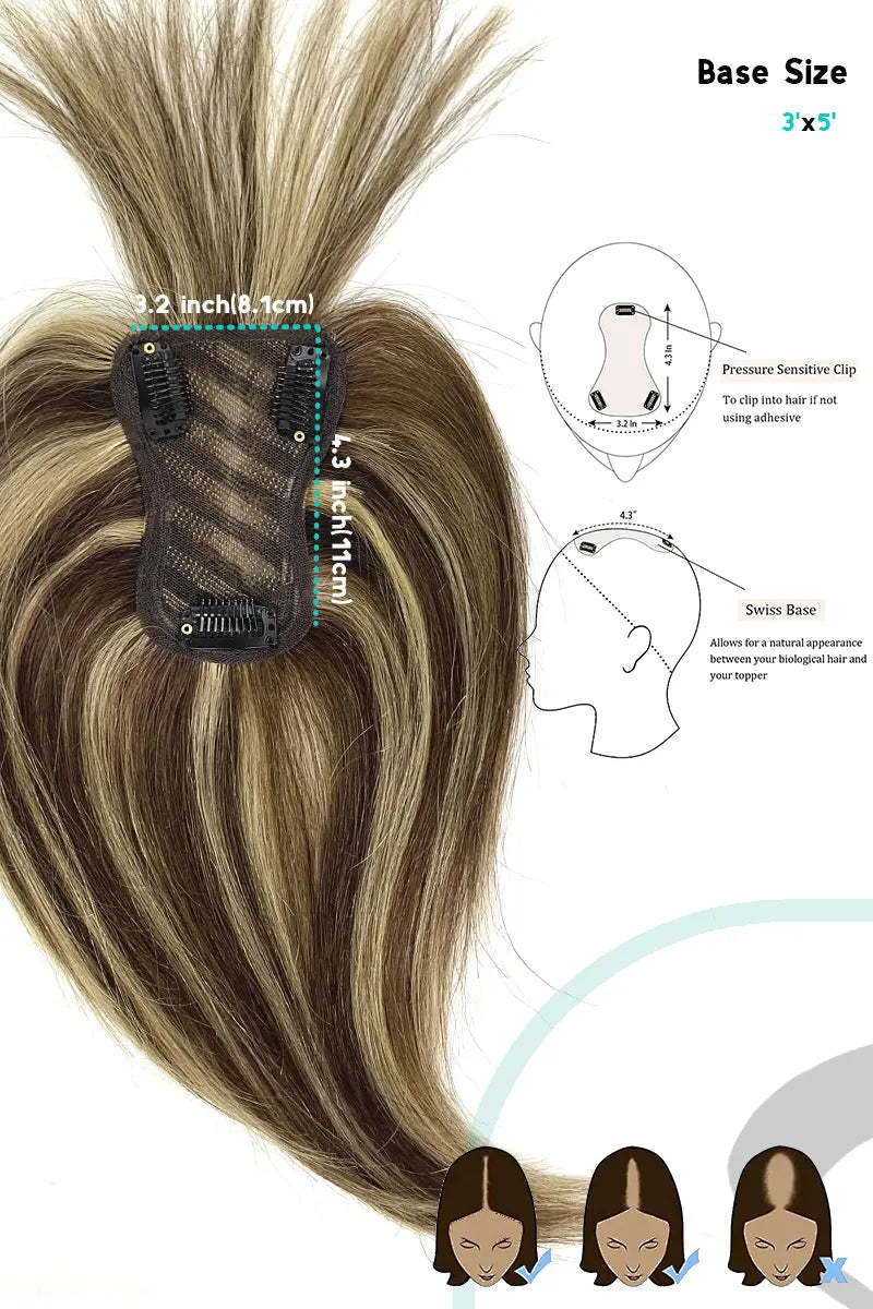 Mona-B Handmade Human Hair Topper with Bangs Medium Brown with Warm Highlights #P4/27