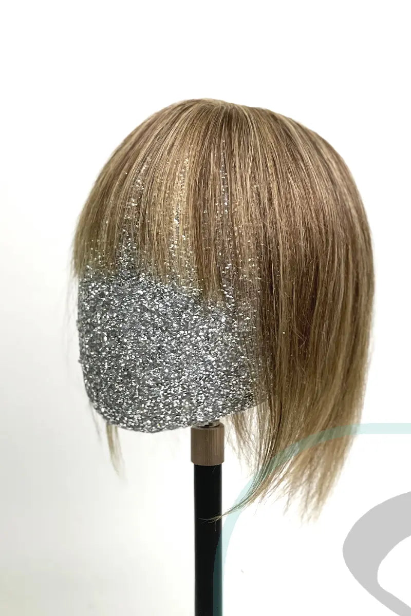 Mona-B Handmade Human Hair Topper with Bangs Medium Brown with Warm Highlights #P4/27