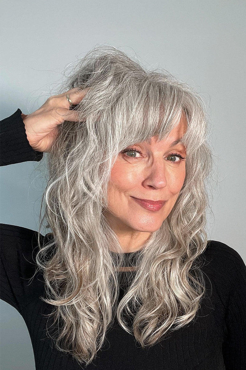 Aria-B Handmade Human Hair Topper with Bangs Light Grey #1B80