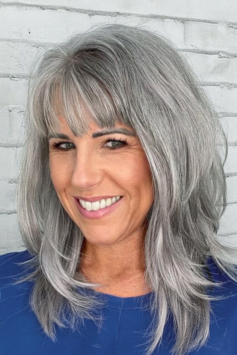 Aria-B Handmade Human Hair Topper with Bangs Medium Grey #1B70