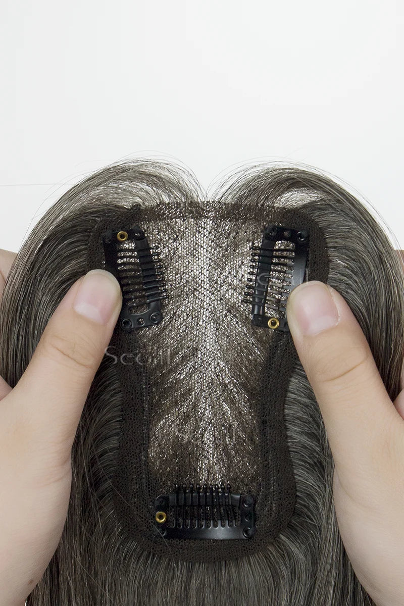 Mona-B Handmade Human Hair Topper with Bangs #Dark Grey