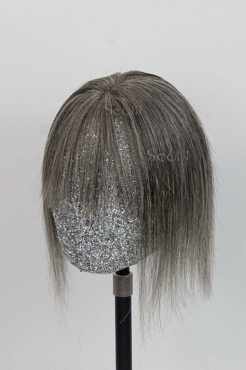 Mona-B Handmade Human Hair Topper with Bangs #Dark Grey