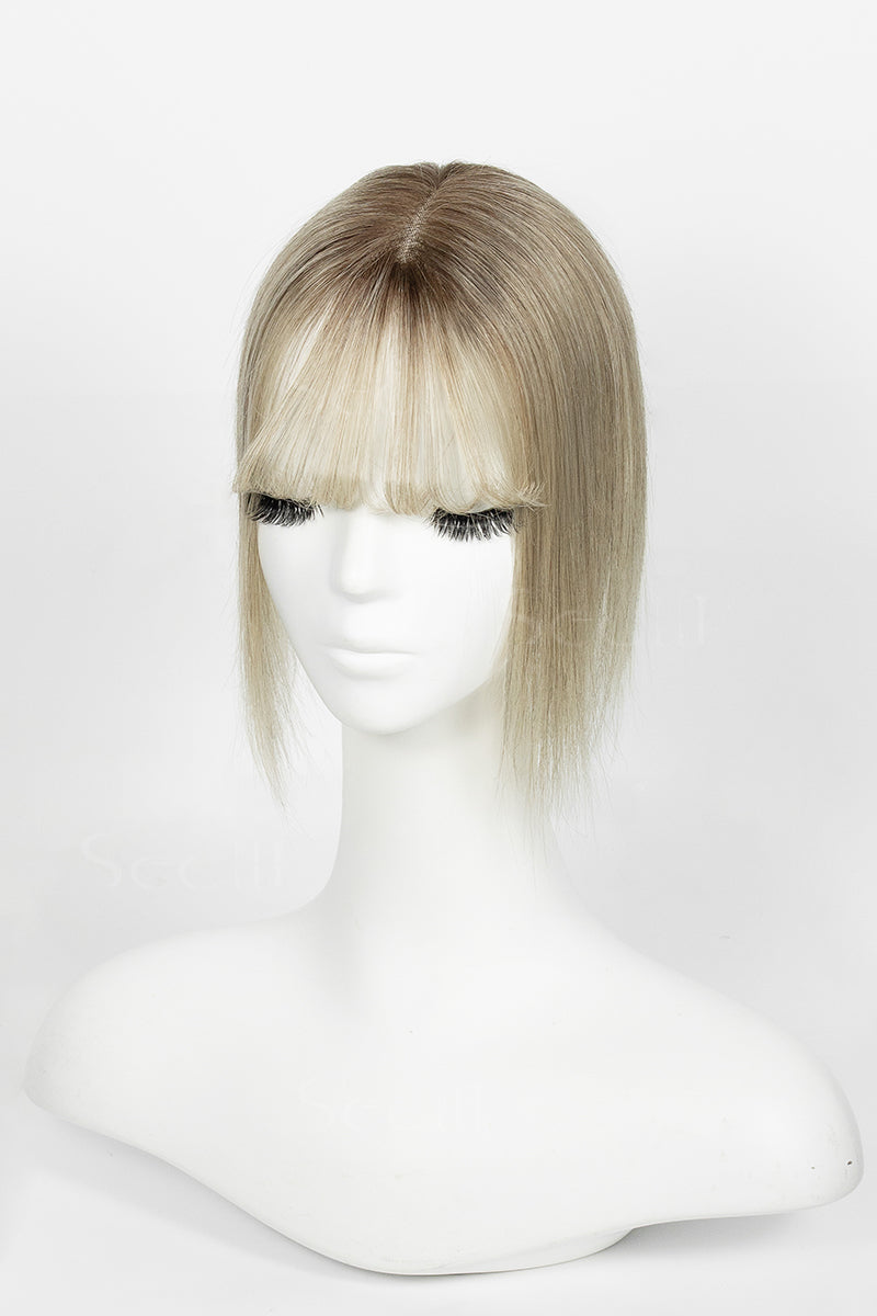 Mona-B Handmade Human Hair Topper with Bangs Ombre Dark Brown Root to Blonde #T2/M616