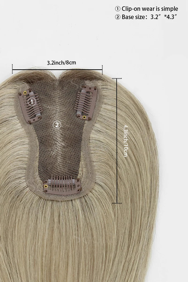 Mona Handmade Human Hair Topper Ombre Dark Root to Blonde #T2/M616 with measurements on a white background