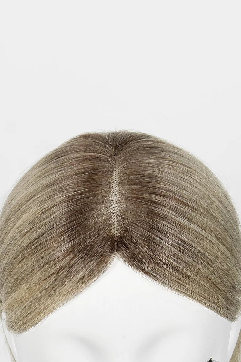 Mannequin head with Mona Handmade Human Hair Topper Ombre Dark Root to Blonde #T2/M616 on a white background