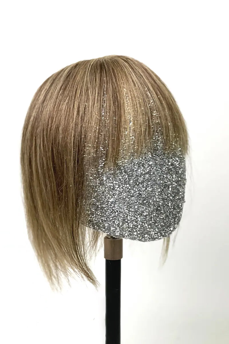Aria-B Handmade Human Hair Topper with Bangs Medium Brown with Warm Highlights #P4/27