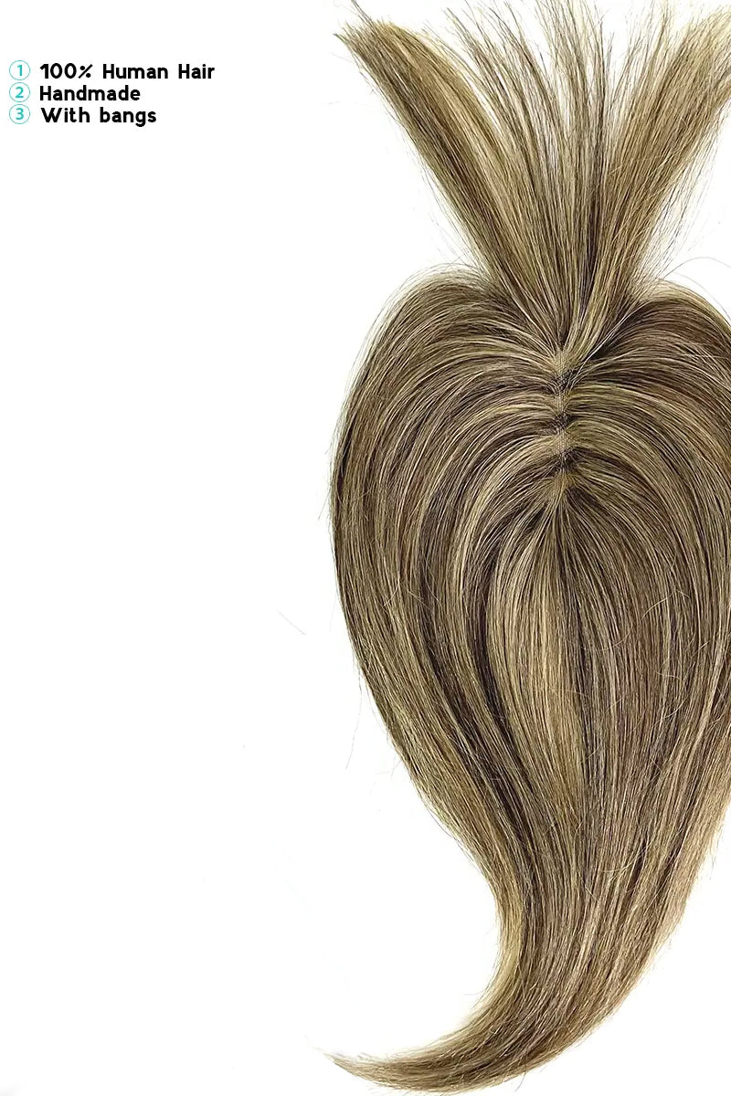 Aria-B Handmade Human Hair Topper with Bangs Medium Brown with Warm Highlights #P4/27