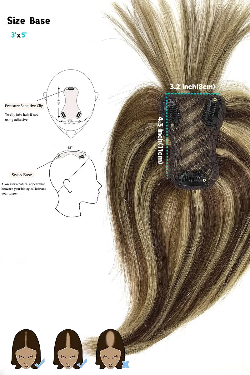 Aria-B Handmade Human Hair Topper with Bangs Medium Brown with Warm Highlights #P4/27