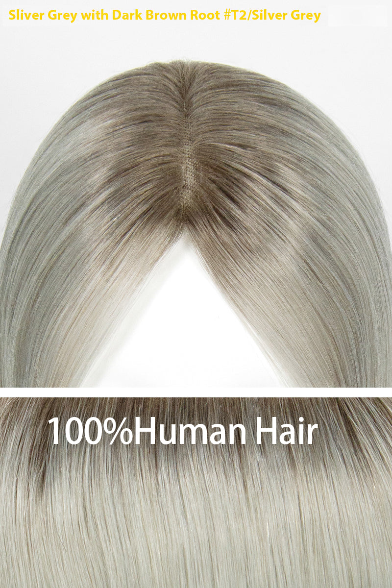 Aria-B Handmade Human Hair Topper with Bangs Silver Grey with Dark Brown Root #T2/Silver Grey
