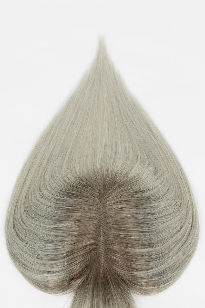 Aria-B Handmade Human Hair Topper with Bangs Silver Grey with Dark Brown Root #T2/Silver Grey