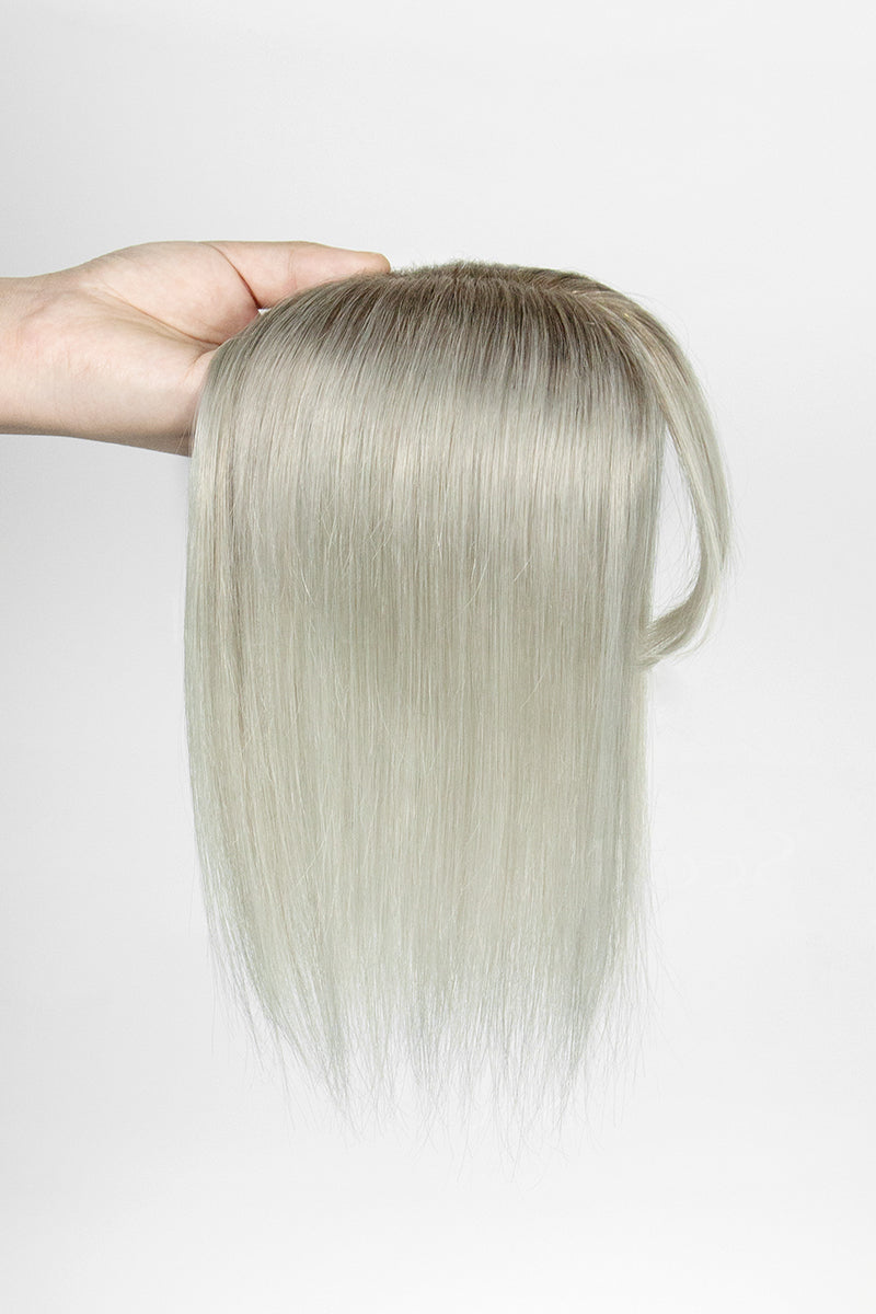 Aria-B Handmade Human Hair Topper with Bangs Silver Grey with Dark Brown Root #T2/Silver Grey
