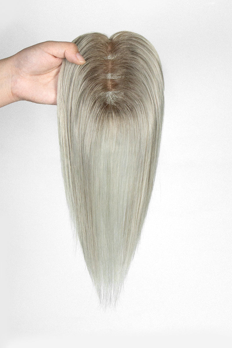 Aria Human Hair Topper Silver Grey with Dark Brown Root #T2/Silver Grey