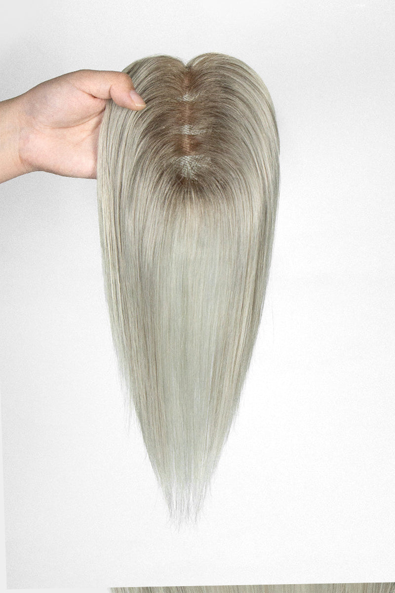 Aria Human Hair Topper Silver Grey with Dark Brown Root #T2/Silver Grey