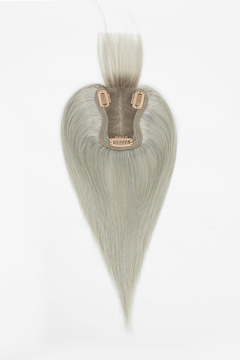 Aria-B Handmade Human Hair Topper with Bangs Silver Grey with Dark Brown Root #T2/Silver Grey