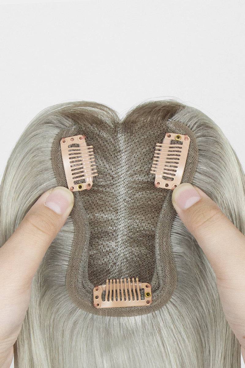 Aria Human Hair Topper Silver Grey with Dark Brown Root #T2/Silver Grey