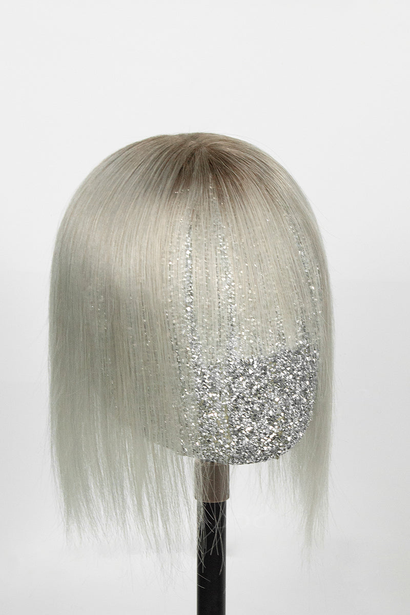 Aria-B Handmade Human Hair Topper with Bangs Silver Grey with Dark Brown Root #T2/Silver Grey