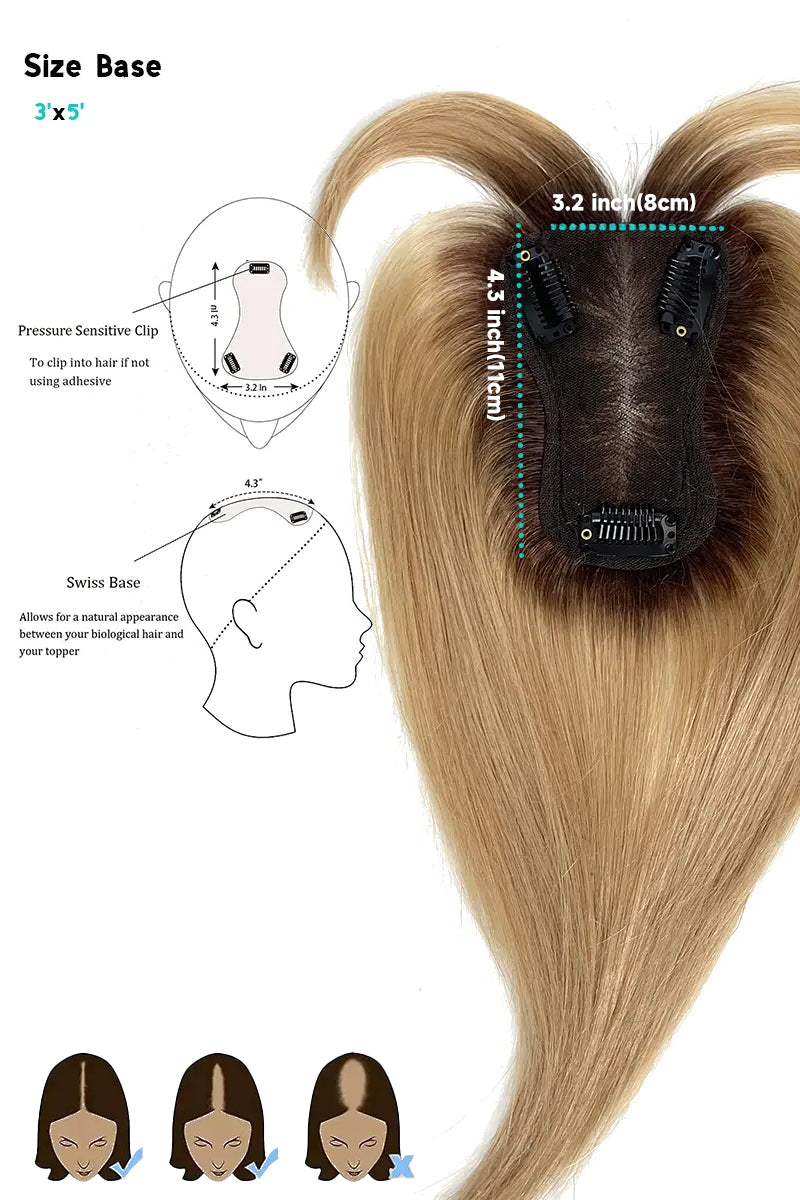 Aria-B Handmade Human Hair Topper with Bangs Shaded with Medium Brown #T4/27