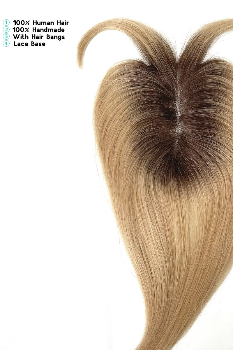 Aria-B Handmade Human Hair Topper with Bangs Shaded with Medium Brown #T4/27