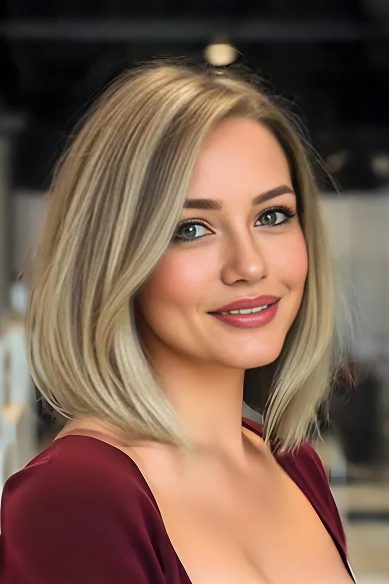 Aria-B Handmade Human Hair Topper with Bangs Brown Blonde with Medium Brown Root #T4/6/613