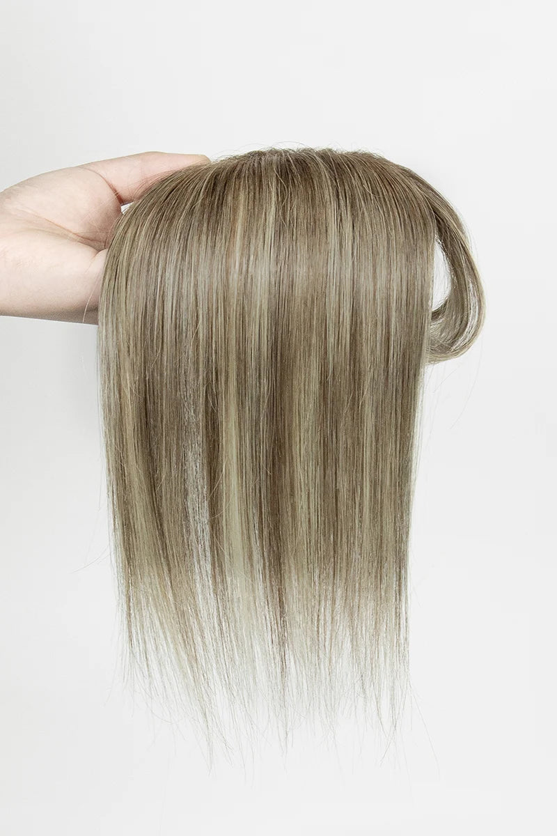 Aria-B Handmade Human Hair Topper with Bangs Brown Blonde with Medium Brown Root #T4/6/613