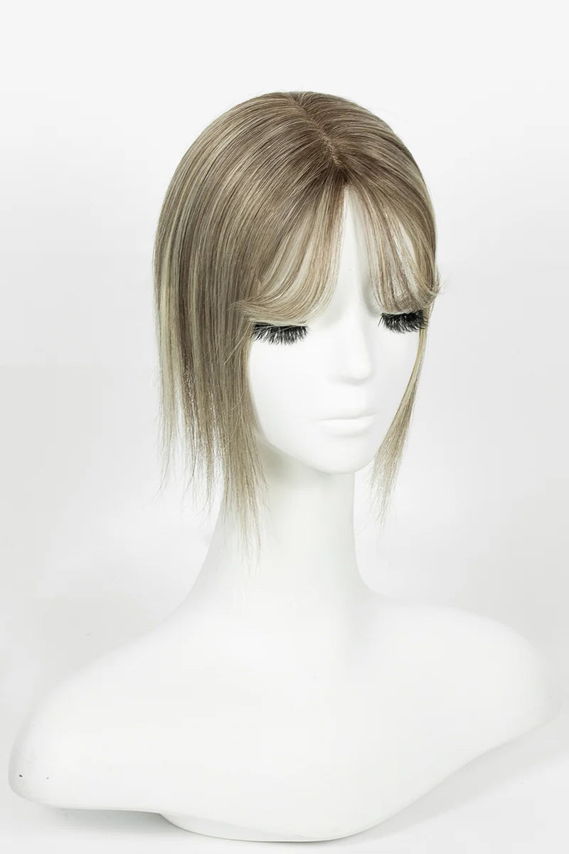 Aria-B Handmade Human Hair Topper with Bangs Brown Blonde with Medium Brown Root #T4/6/613