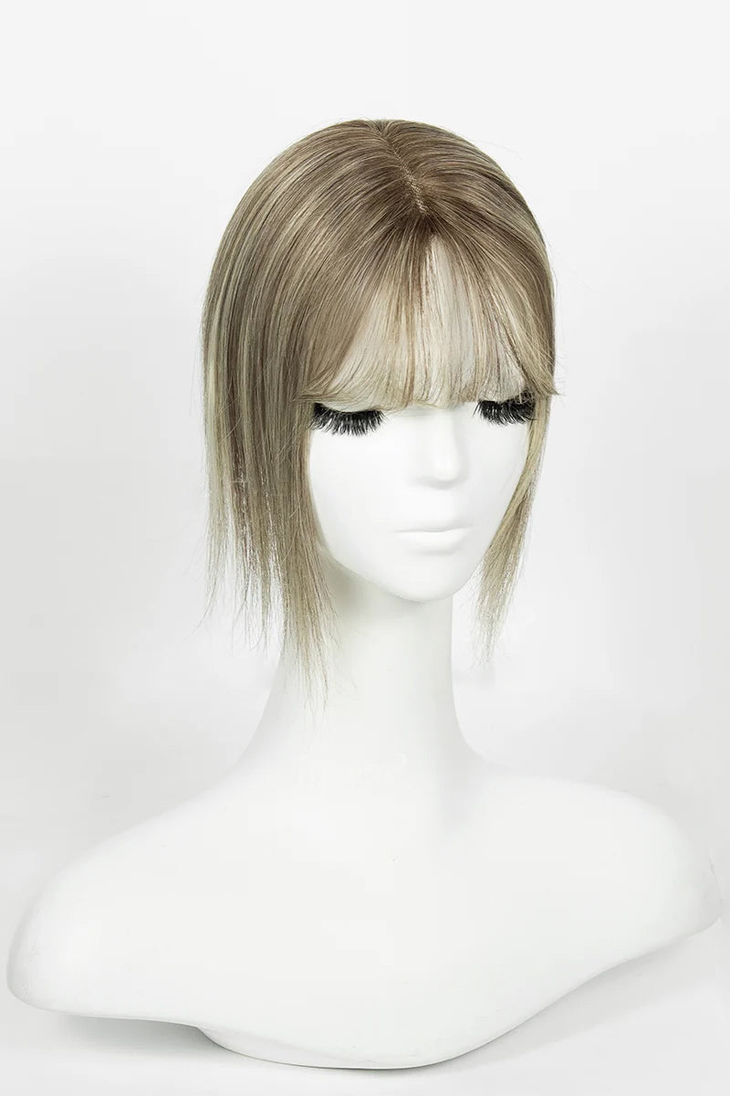 Aria-B Handmade Human Hair Topper with Bangs Brown Blonde with Medium Brown Root #T4/6/613