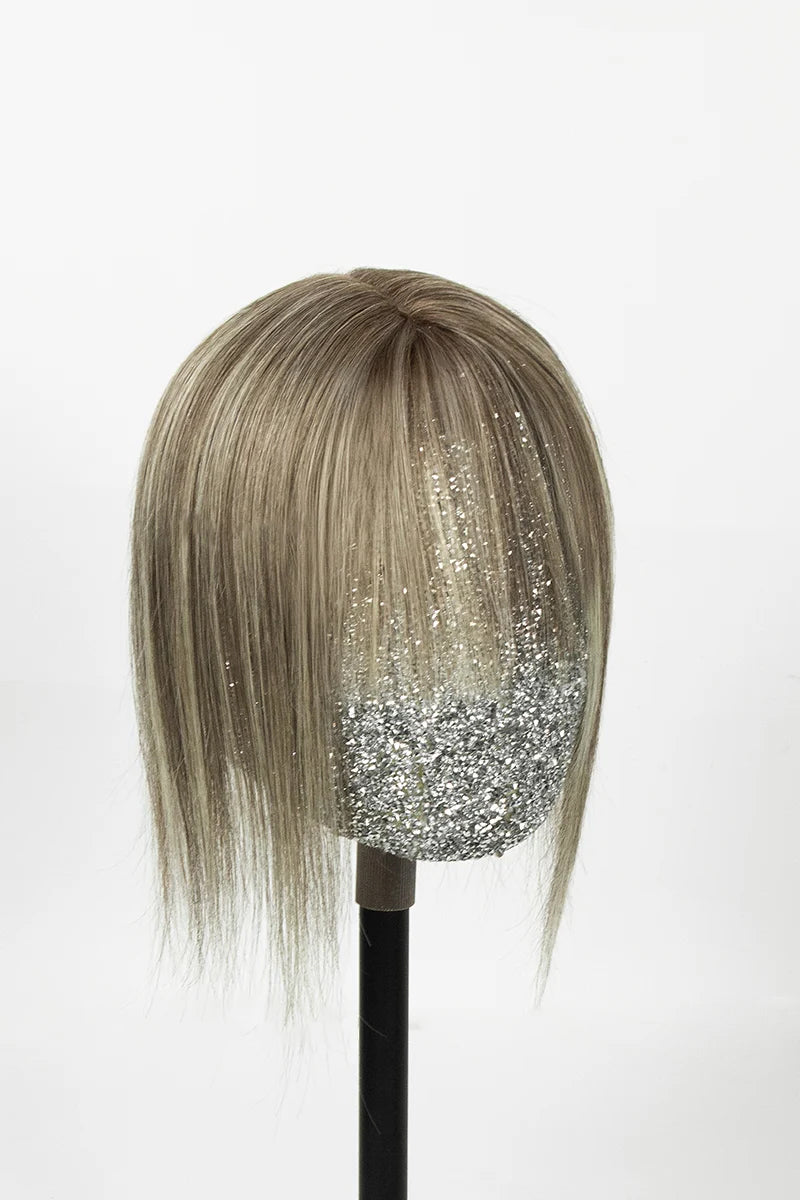 Aria-B Handmade Human Hair Topper with Bangs Brown Blonde with Medium Brown Root #T4/6/613