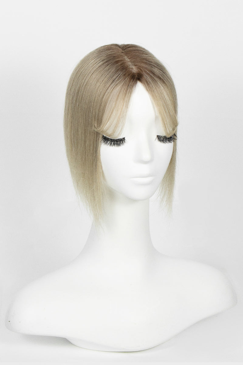Aria-B Handmade Human Hair Topper with Bangs Ombre Medium Brown Root to Blonde #T4/M616